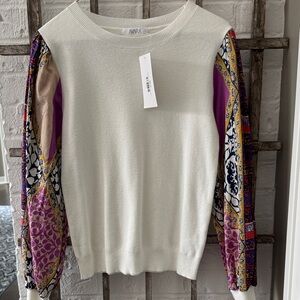 AVARA Women's Cream Sweater with Multicolored, Cotton Sleeves